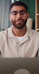 Man, laptop and video call in home with remote work, project planning and creative copywriting job. Freelance copywriter, person and online meeting in house with computer, research and ad campaign.
