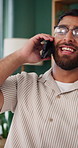 Excited, man and remote work in home with phone call, good news and notification for job opportunity. Happy, freelancer and person talk in house with tech, contact and announcement of hiring offer.