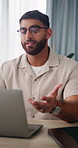 Man, laptop and video call in house with remote work, project discussion and copywriting proposal. Flare, freelance copywriter or person in home with computer, online meeting or planning ad campaign.