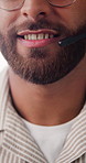 Telecom, man and mouth with discussion for customer service, advice and headset for technical support. Call center agent, person and talk with contact for help desk, assistance and CRM consultation.