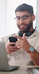 Man, phone and virtual assistant in home with remote work, check email or break from customer service. Freelance consultant, person and smile with tech, reading business communication or text message