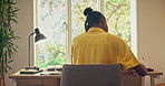 Call center, notebook or woman in home office with advice, crm update or case track in remote work. Back, freelancer or consultant in house with mic, inquiry notes or record review in client support.