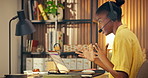 Call center, laptop and woman in home office with headset, helpline or crm service in remote work. WFH, black person or consultant in house with mic, online inquiry or feedback in customer support.