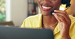 Call center, laptop or mouth in home office with headset, contact us or crm service in remote work. WFH, happy woman or consultant in house with mic, online inquiry or feedback in customer support.