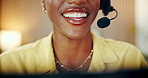 Call center, laptop and mouth in office with headset, helpline advice or assistance in crm service. Happy, woman or consultant in workplace with mic, online inquiry or feedback in customer support.