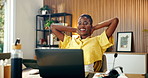Finish, relax and black woman with laptop for remote work, productivity and complete tasks. Happy, done and person stretching with computer for submission, online project and report for break in home