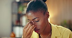 Stress, headache and black woman in home with remote work for creative project with deadline. Glasses, burnout and African female editor with migraine for eye strain, brain fog or fatigue in house.