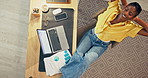 Finish, above and black woman with laptop for remote work, productivity and relax after tasks. Happy, home and person stretching with computer, documents and done with finance report or proposal