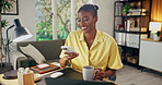Black woman, tea and phone in home with laughing for online joke, funny meme or humor on social media. Female person, mobile app or network with drinking coffee at house, comedy website or ebook