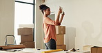 Photography, moving or woman with tablet in home, interior design app or virtual decoration planner. Real estate, tech or person with picture for property makeover rendering, remodeling or staging ai