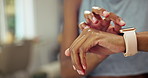 Fitness, woman and hands with smart watch for timer, tracking progress and app for step counting. Person, tech and scroll in home for wellness, monitor cardio and online feedback with notification