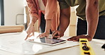 Blueprints, tablet and hands of couple in new home with boxes for interior designing and online plans. Real estate, mortgage and people with digital tech for ecommerce purchase, talk and cooperation