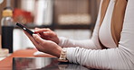 Freelancer, scroll and hands with phone in home office, public relations and texting on social media. Publicist, networking and communication with contact, remote work and person with mobile in house