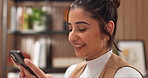 Freelancer, laughing and woman with phone in home office, public relations or scroll on social media. Publicist, networking and communication with contact, remote work and person with mobile in house