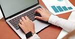 Woman, hands and typing in office with laptop, research and data analysis for company budget forecast. Person, computer and draft report in business with graphs, statistics and financial planning.