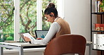 Woman, paperwork and laptop in home office with remote work, data analysis and review budget forecast. Person, document and computer by window with freelance job, graphs and stats for financial plan.