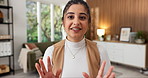 Virtual assistant, video call and woman with smile in home office, remote work or talk with contact. Freelancer, online meeting and happy person with advice, consultant and discussion on web in house