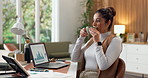 Woman, laptop and coffee break with remote work from home and thinking with graphs. Female person, drink and reflection with perspective, freelance accounting and inspiration with cup in house