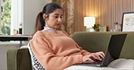 Remote work, review or woman in home with laptop, portfolio check or funding track in finance report. WFH, typing or asset advisor with tech, budget forecast or evaluation of client investment.