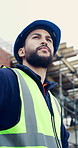 Thinking, engineer and man with inspection at construction site, infrastructure and remodeling idea. Worksite, property renovation and person with check for maintenance progress, below and planning