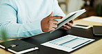 Scrolling, documents and hands of businessman with tablet in home with remote work for finance report. Digital technology, paperwork and financial advisor with research on investment revenue in house