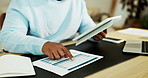 Tablet, paperwork and hands of businessman in home with remote work for planning finance report. Digital technology, notebook and male financial advisor with research on investment revenue in house.