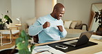 House, business and black man with celebration, laptop and winner with email for loan approval. African person, victory and entrepreneur with pc, excited and happiness with proposal, smile and profit