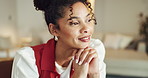Woman, thinking and home with ambition for business vision, inspiration or development. Thoughtful, female person or freelancer with smile or reflection for remote work, improvement or break in house