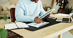 Tablet, documents and hands of businessman in home with remote work for planning finance report. Digital technology, notebook and male financial advisor with research on investment revenue in house.