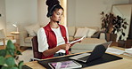 Headset, woman and virtual assistant with documents in home for remote work with online query. Mic, freelancer and female receptionist with paperwork and computer for crm, help desk or advisory.