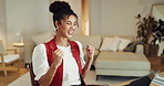 Winning, laptop and happy woman with fist pump in home for good news, celebration or promotion. Excited, female person or smile with computer for salary increase, bonus or notification in house