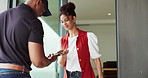 Customer, phone and payment with delivery man for logistics, online shopping or door package. Happy, female person or courier guy with smartphone tap or parcel for checkout app or ecommerce in house