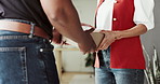 Woman, customer and hands with delivery box for logistics, online shopping or package in home. Door, female person or courier guy giving parcel with cargo for transportation or ecommerce in house