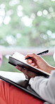 Mental health, therapist or hands in clinic with notes, help or evaluation in counseling visit. Consultation, bokeh or psychologist with patient, assessment checklist or advice in support session.