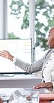 Woman, talk and presentation in office with screen, research and demographic stats for advertising. Meeting, black person speaking and monitor with charts, brand awareness and target audience data.