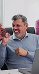 Businessman, fist bump and praise with laptop in office for good news, financial target or bonus. Computer, excited or celebrate company milestone with mature team for success, clap or revenue goal