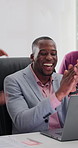 Business people, applause and success with laptop in office for good news, financial target or bonus. Computer, excited and celebrate milestone with team for revenue goal, fist bump or point for win