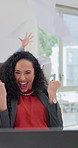 Success, laptop and businesswoman throw paper for good news, financial goal or salary increase. Wow, excited worker and celebration with tech for fist pump, clapping or revenue growth in office
