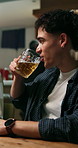 Man, calm or drinking beer in pub with smile, refreshing taste or customer service on weekend break. Relax, person and chill in restaurant with alcohol beverage, happy hour or liquor deal on holiday