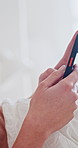 Hands, phone and woman typing in bedroom for internet communication, text message or online dating. Mobile, bed and person in home with app for connection, matching or check profile on social media