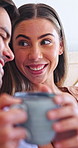 Couple, laugh and coffee in bed with conversation, bonding together and funny story on weekend break. Happy, people dating and relax in home with warm tea, humor and talk for connection in morning.