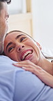 Couple, laugh and morning in bed with conversation, bonding together and funny story for connection. Happy, people relax and wake up in home with relationship commitment, joke and love for affection.