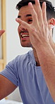 Shout, angry man or couple with fight on bed for accusation, domestic dispute or emotional tension. Yelling, people or disagreement in home for communication breakdown, toxic marriage or manipulation
