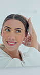 Mirror, hair care and happy woman in home for beauty, grooming and preparation with morning routine. Reflection, hairstyle and person at bathroom to check growth, texture or smile for getting ready