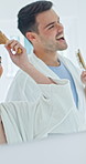 Love, singing or couple in mirror with hairbrush, bonding or fun moment in morning routine. Happy, man or woman in house with grooming, karaoke performance or romantic connection with playful dancing