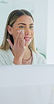 Skincare, bathroom and happy woman with cream at mirror, dermatology and morning routine. Cosmetics, smile and person with lotion at home with reflection, facial moisturizer or wellness for beauty