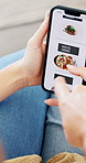 Woman, hands and phone screen with food menu, selection for restaurant website, ecommerce or online order. Person, home or scrolling with mobile app for delivery, connection or takeaway shopping