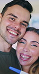 Happy, couple and face with selfie or pregnancy test in home for parenthood or memory together. Portrait, man and woman with smile, kiss or maternity stick for family, photography or picture in house