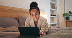 Night, woman and scroll in bedroom with tablet, browsing social media or reading blog on weekend. Late, happy person and typing in home with tech, online entertainment or digital app for text message