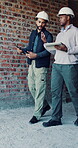 Architect, inspection and men with tablet, building and research for property development and ideas. Civil engineering, online and people with tech, discussion and collaboration for home renovation